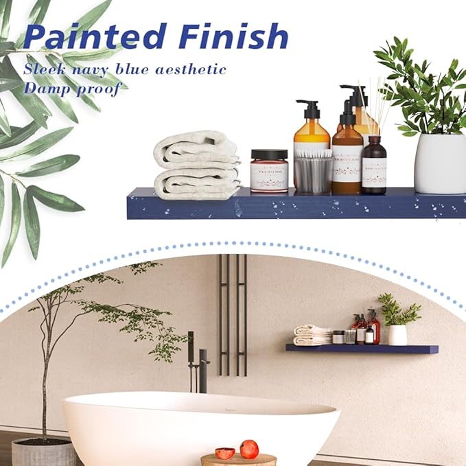 Habudda Floating Shelves, Bathroom Wall Shelf for Home Decor, 30 Inch Natural Wood Rustic Shelving, Hanging Mounted Invisible Bracket, Set of 2 Navy Blue