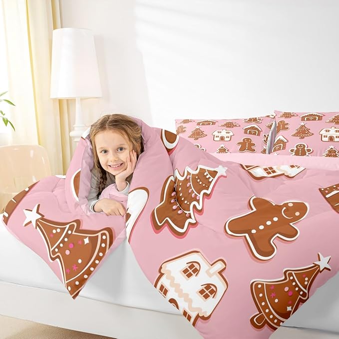 Feelyou Christmas Comforter Set Full Size Gingerbread Man Bedding Set for Kids Boys Girls Snowflake Duvet Quilt Xmas Tree Bedroom Decor Microfiber 3 Pcs with 2 Pillow Cases