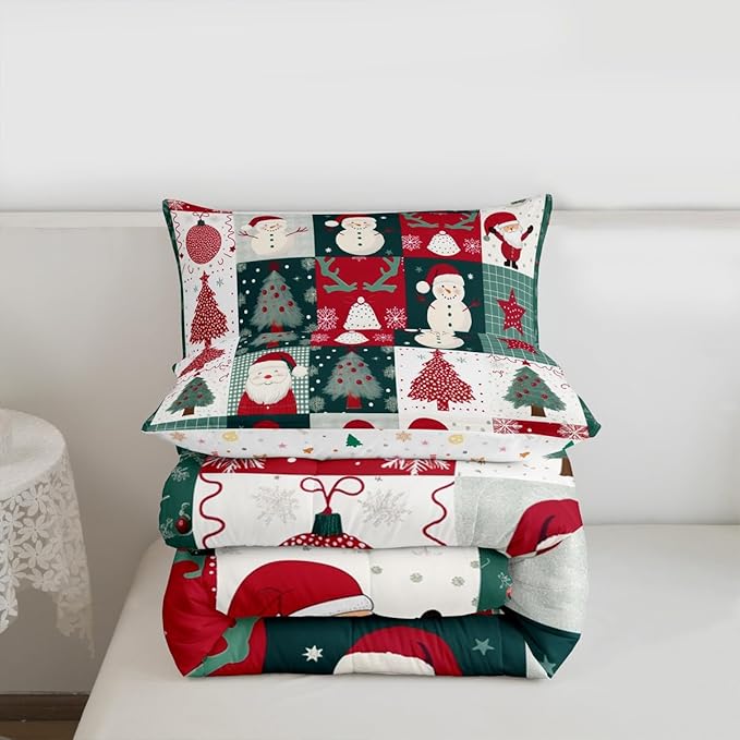 Feelyou Merry Christmas Comforter Set All Season Xmas Tree Snowman Bedding Set with 1 Pillow Cases Santa Claus Microfiber Kids Toddler Bedclothes Patchwork Bedroom Decor Duvet Quilt Breathable Soft