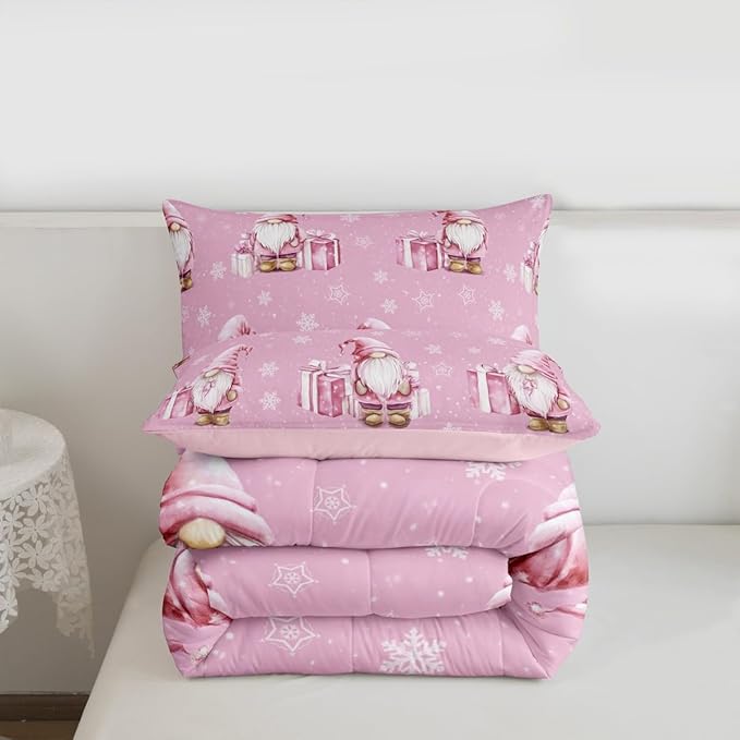 Feelyou Pink Christmas Bedding Set Soft for Boys Girls, Scandinavian Christmas Santa Gnomes Comforter Set Twin Size Xmas Snowflake Duvet Quilt Bedroom Decor 2 Pcs with 1 Pillow Cases