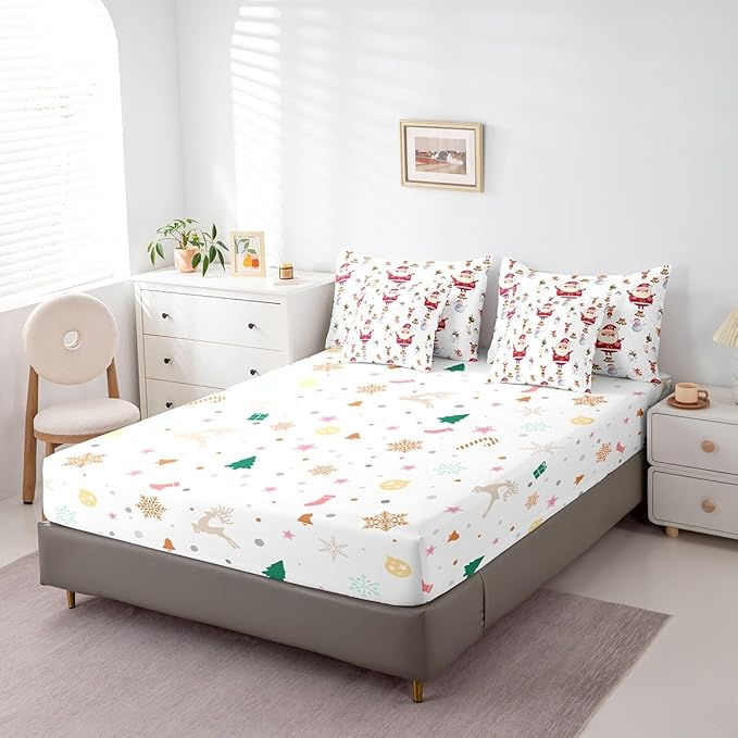 Feelyou Christmas Bed Set Cute Snowman Santa Claus Kids Decorations Bed in a Bag Boys Girls Bear Rabbit Comforter Set with Sheets Christmas Bells Design White Bedding Set Bedding King Size