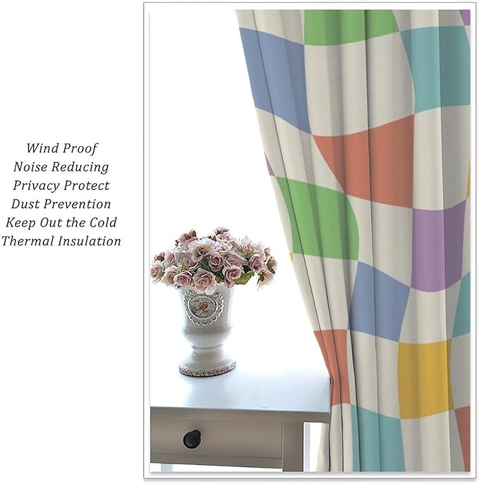 Checkered Curtains,70s Vintage Twisted Checkered Window Drapes Colorful Groovy Trendy Wavy Hippie Grid Print Window Treatments for Kids Girls Bedroom Living Room Bathroom 52" W X 84" L