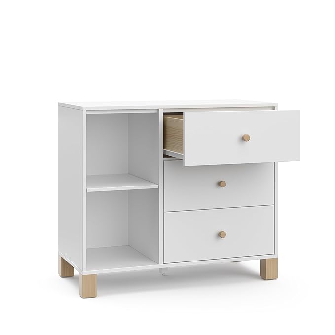 Storkcraft California 3 Drawer Combo Dresser (White with Driftwood) – GREENGUARD Gold Certified, Interlocking Drawer System, Pre-Installed Drawer Tracks for Easier Assembly, Spacious Cabinet