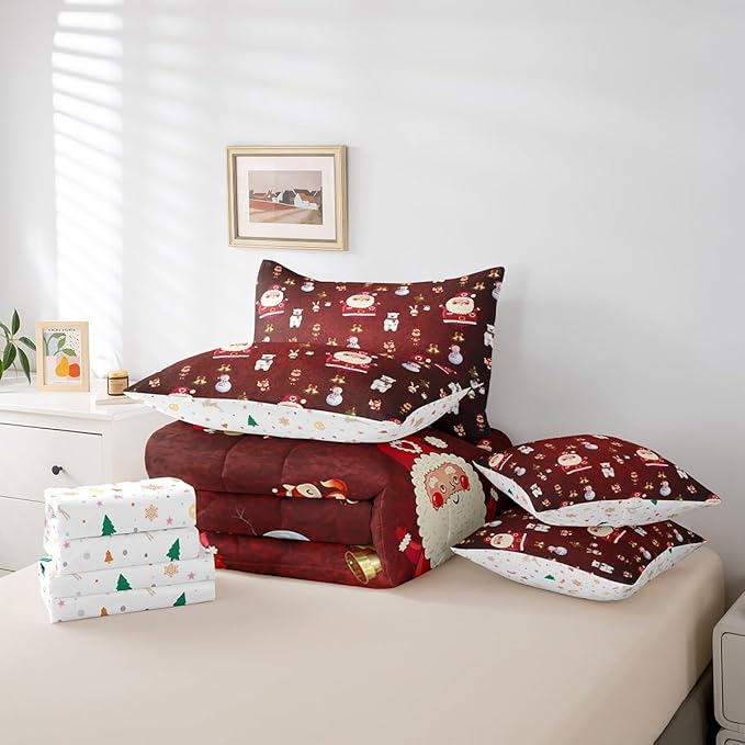Christmas Kids Bed Set Cute Snowman Santa Claus Decorations Bed in a Bag Boys Girls Bear Rabbit Comforter Set with Sheets Christmas Bells Cartoon Design Bedding Set Bedroom Collection King Size
