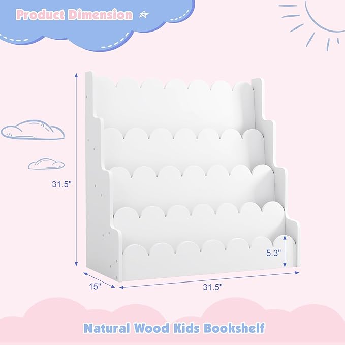 4 Tier Scalloped Kids Bookshelf Natural Wood Toddler Book Rack Nursery Bookcase Playroom Coloring Book Magazine Display Storage Shelf Organizer Classroom Library Homeschooling (White)