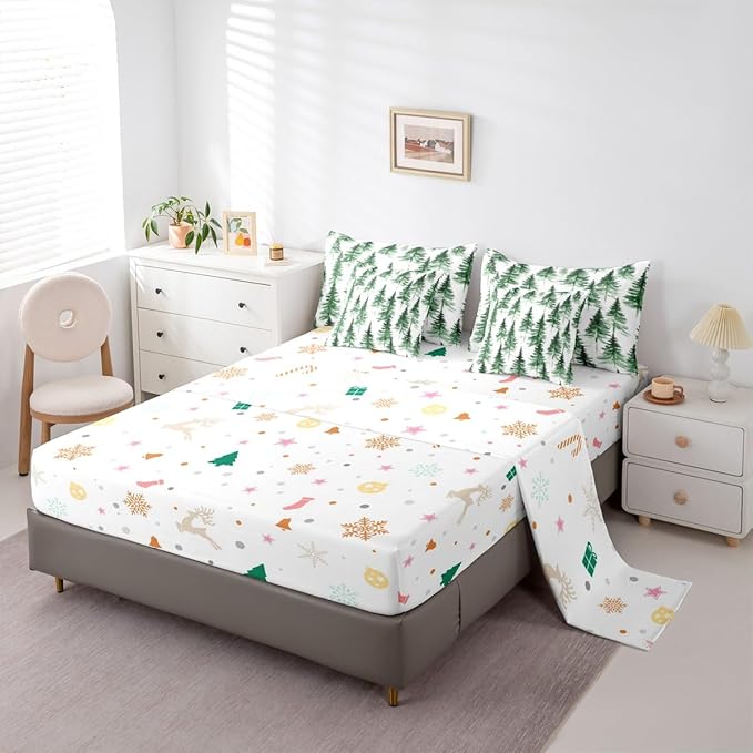 Erosebridal Green Christmas King Comforter Set with Sheets 7 Piece Winter Forest Pine Tree Bed in A Bag Merry Christmas Tree Theme Bedding Sets for Teens Teenager New Year Holiday Xmas Bed Set