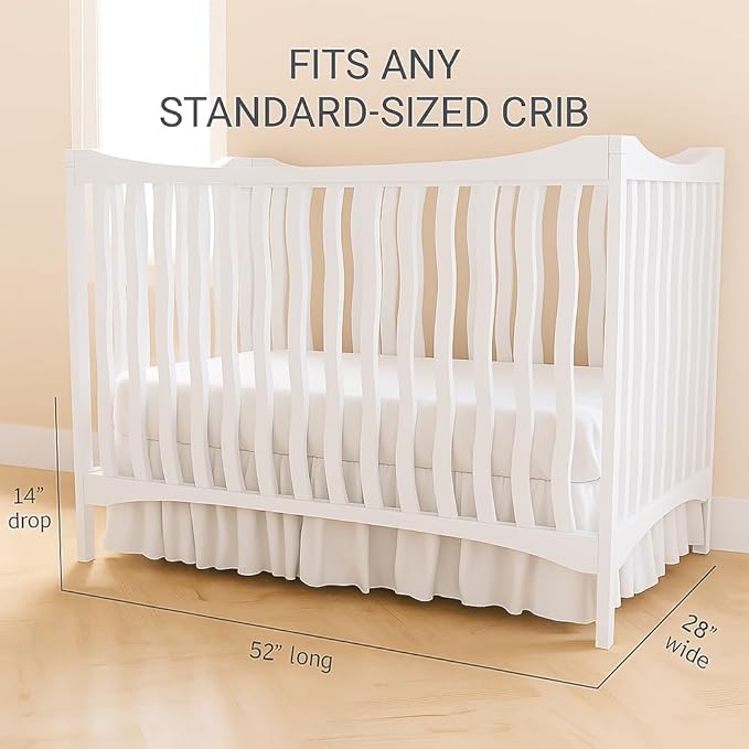 Crib Bed Skirt Dust Ruffle with Split Corners - 100% Cotton - Nursury Standard Crib Bedding Toddler Bedskirt for Baby Boys or Baby Girls - 14" Drop - White Crib Skirt