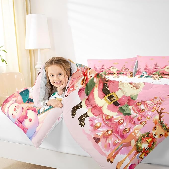 jejeloiu Merry Christmas Comforter Set Toddler Size Santa Claus Bedding Set for Kids Boys Girls Cute Deer Duvet Quilt Pink Bedroom Decor