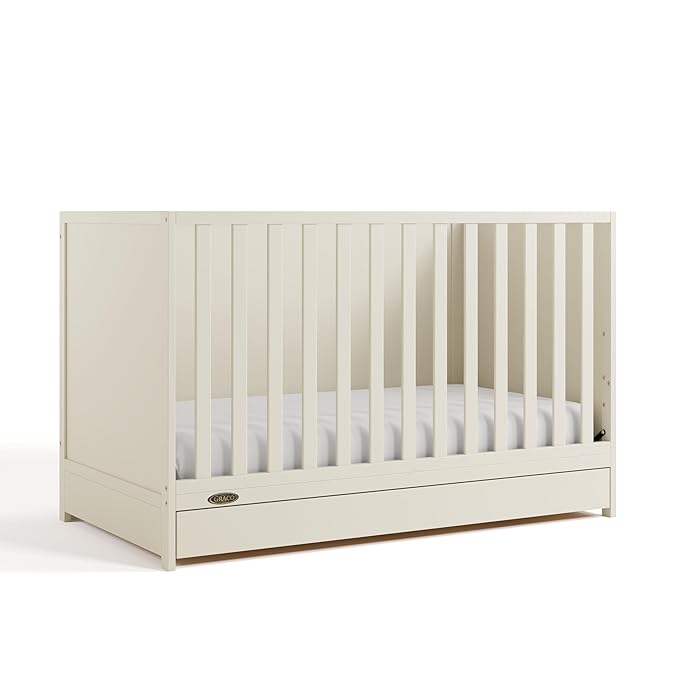 Graco Theo Convertible Crib with Storage Drawer (Frosted Oat) – GREENGUARD Gold Certified Wooden Baby Crib with Drawer, Converts to Toddler Bed, Fits Standard Crib Mattress