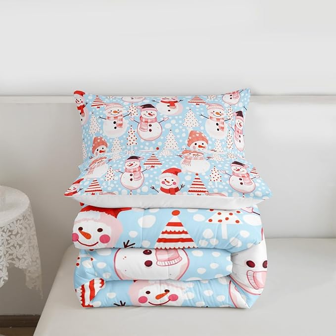 Manfei Christmas Comforter Set Queen Size, Snowman and Xmas Trees Bedding Set 3pcs for Kids Girls Adults Bedroom Decor, New Year Blue Down Comforter Soft Polyester Quilt Set with 2 Pillowcases