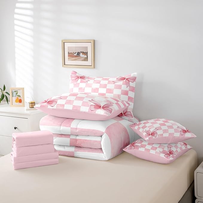 7 Pieces Pink Bowknot Kids Comforter King,Geometric Grid Checkered Patchwork Fashion Bedding Set,Bow Tie Knot Princess Chic Unique（Comforter+Fitted+Flat Sheet+2 Pillowcases+2 Throw Pillow Covers）