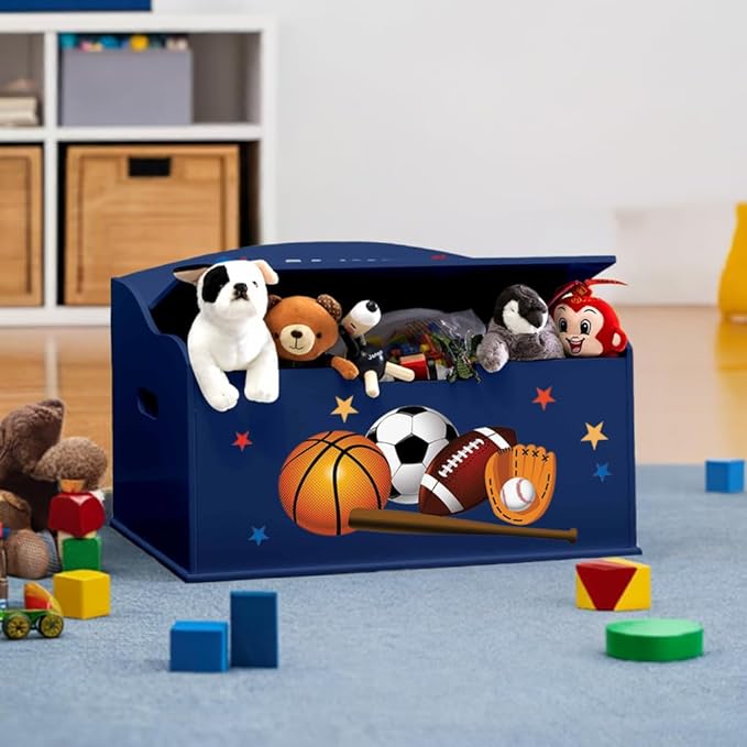 DIBSIES Personalized Creative Wonders Toy Box, Sports, 30 x 19.25 x 18 inches, Soft-Close Lid (Blue)