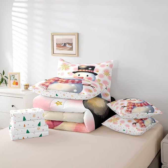 Feelyou Kids Merry Christmas Decorations King Size Bed Set Xmas Snowman Bed in a Bag Pink Bedding Set Soft Warm Lightweight Comforter Set with Sheets