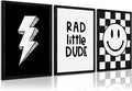 Boys Room Wall Art Decor Toddler Nursery Canvas Wall Art Baby Kids Wall Decor Black Checkered Smiley Poster Pictures Retro Playroom Rad Little Dud Art Prints for Bedroom 16x24x3 Inch Wood Framed