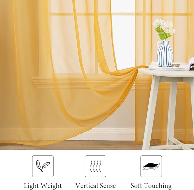 MIULEE 2 Panels Solid Color Sheer Window Curtains Elegant Window Voile Fall Panels/Drapes/Treatment for Bedroom Living Room (54X108 Inches Gold)