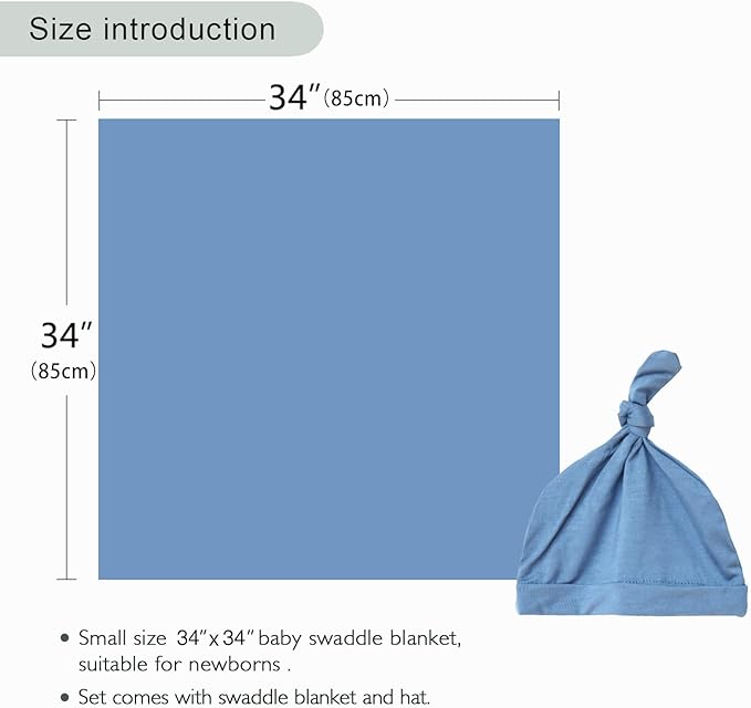 Newborn Swaddle Blanket with Hat Set Baby Swaddle Set Hospital Receiving Blankets for Girls Boys(Steel Blue,35"*35")