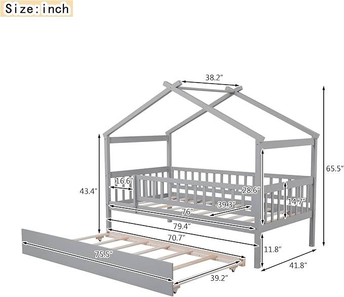 Merax Twin Size Wooden House Bed with Twin Size Trundle, Wood Bed Frame with Roof and Safety Guardrail for Kids, Teens, Boys or Girls, Grey