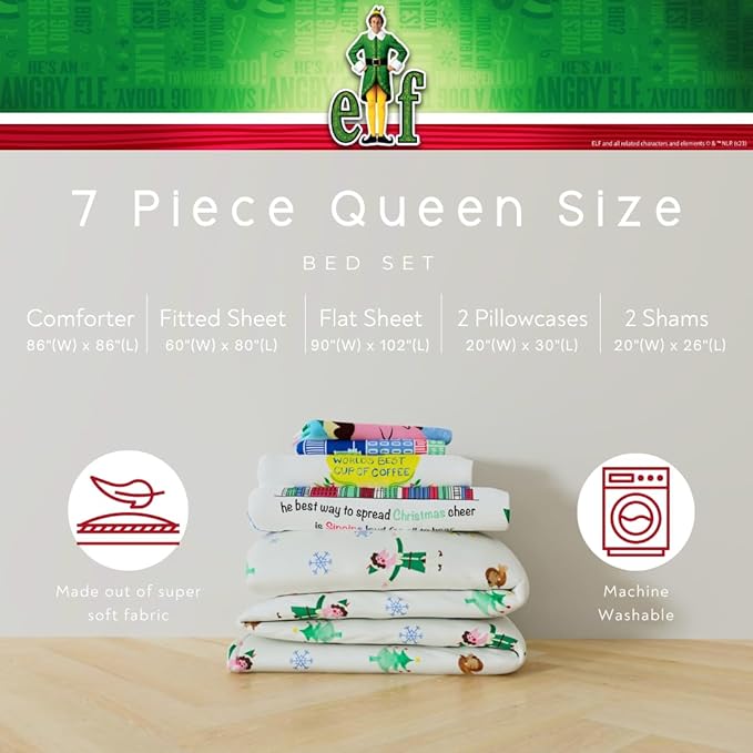 Elf Movie Christmas Bedding Set – 7 Piece Queen Size Holiday Reversible Microfiber Comforter & Sheet Set - Super Soft & Cozy, (Officially Licensed Product) by Franco Collectibles