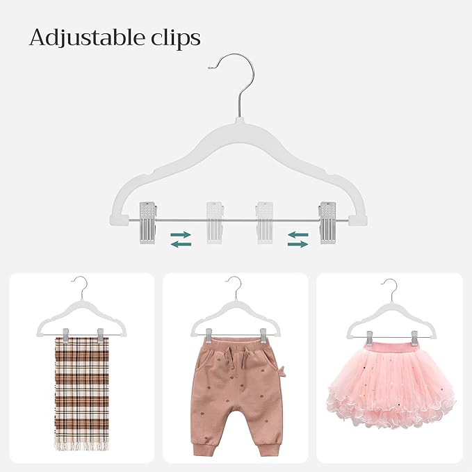 SONGMICS 30 Packs Baby Pants Hangers with Clips, Kids Hangers with 6 Clothes Dividers, Non-Slip Children’s Clothes Hanger, White UCRF013W30