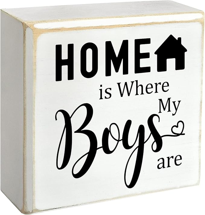 Inspirational Home is Where My Boys are Sign, Home Shelf Cubicle Table Desk Decor, Living Room Bedroom Family Decor Boy Mom Momma Gifts for Women 4" x 4"x 1.8"