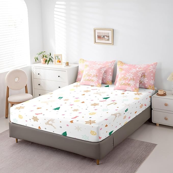 Feelyou Christmas Bed Set Snowflakes Bed in a Bag for Kids Girls Boys Pink Bedding Set Queen Size Glitter Star Comforter Set with Sheets Lightweight Room Decor