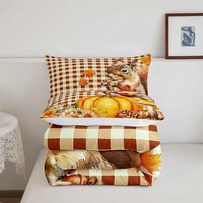 Squirrel Pumpkin Flower 3 Pcs Queen Size Comforter Set,Vintage Yellow Geometric Grid Down Alternative Adults Bedroom Decor,Autumn Harvest Thanksgiving Ultra Soft Microfiber Inner Fill 3Pcs Bedding