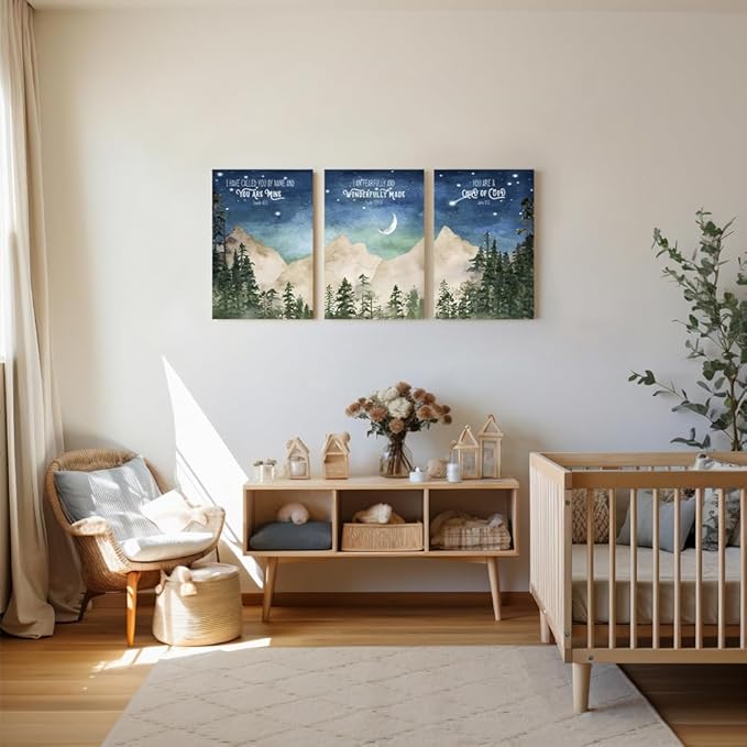 Nursery Scripture Wall Art, Set of 3 Nursery Bible Verse Wall Decor, Star Night Mountain Forest Wall Art, Nature Woodland Decor Canvas Prints, Inspirational Christian Kids Art, Framed 12"x16"