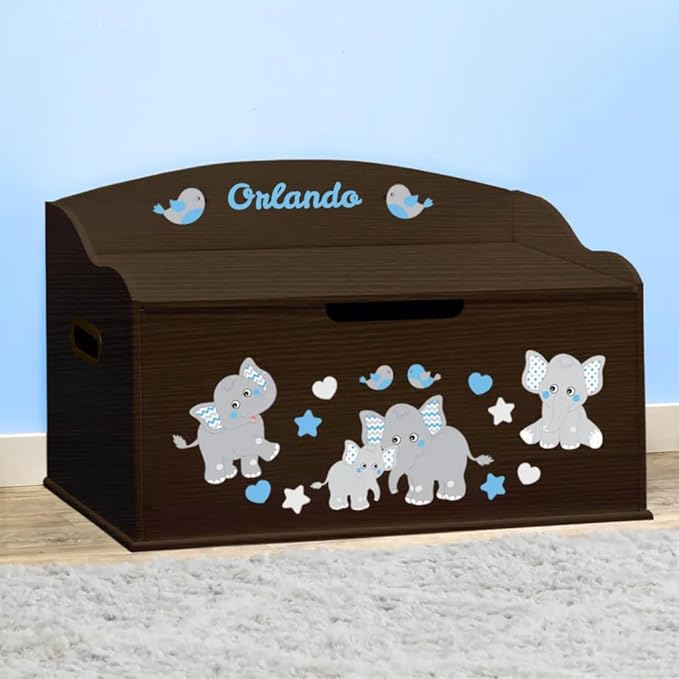 DIBSIES Personalized Creative Wonders Toy Box, Blue Elephants, 30 x 19.25 x 18 inches, Soft-Close Lid (Espresso)