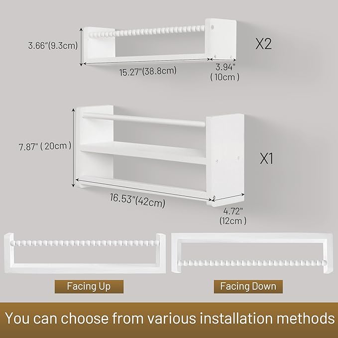Nursery Floating Book Shelves, Wall Mounted Shelf with Towel Bar for Kids Room, Nursery Wall Shelves Set of 3 - Rustic Bookshelf Organizer for Baby Books & Toys,White