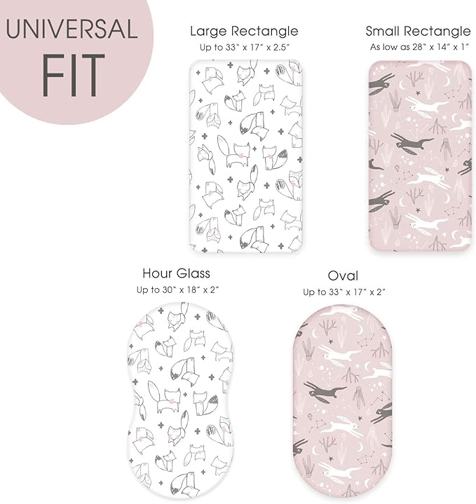 GRSSDER Stretchy Ultra Soft Fitted Bassinet Sheet Set 2 Pack, Universal Fit for Bassinets Baby Cradle Moses Basket Oval Rectangle Pad/Mattress, Cute Foxes and Rabbits Bassinet Sheets for Girls