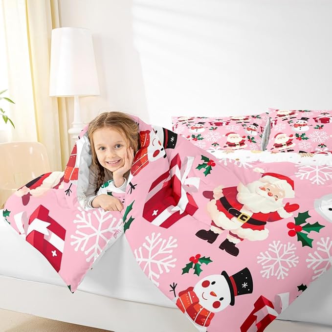 jejeloiu Merry Christmas Comforter Set King Size Xmas Santa Claus Bedding Set for Kids Boys Girls Cute Snowman Duvet Quilt Pink Bedroom Decor
