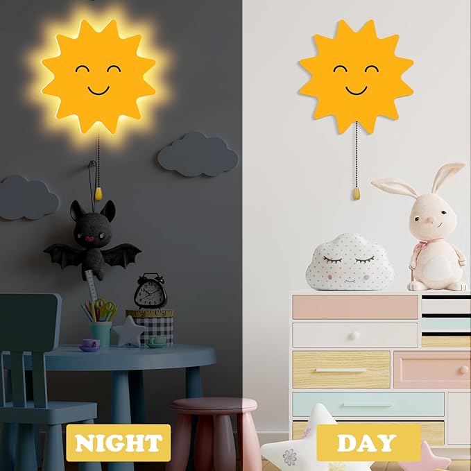 Sun Night Light Wall Lamp Sleeping Nursery Lighting Cute Floating Battery Operated Hanging Lamp for Baby Boys Girls Bedroom Room Nursery Wall Decorations
