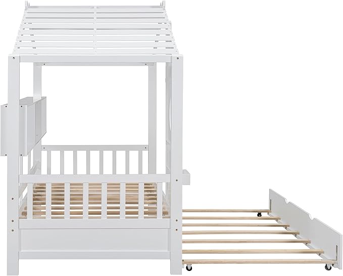Merax Wood Multifunctional Daybed with Trundle/Storage Shelf, House Low Day Bed for Kids, Space Saving, Easy Assemble White