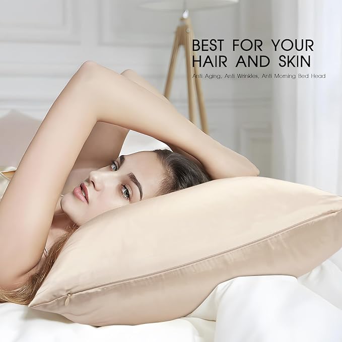100% Mulberry Silk Pillowcase with Hidden Zipper,Both Sides Pure Silk Breathable Pillow Case for Hair and Skin,19 Momme Grade 6A,1pc,Beige,Queen Size 20x30 Inches