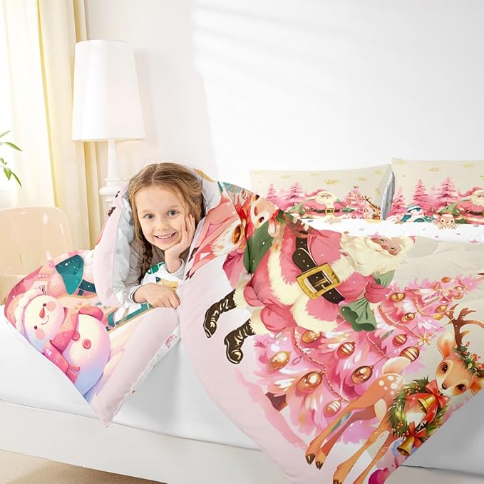 jejeloiu Merry Christmas Comforter Set Twin Size Santa Claus Bedding Set for Kids Boys Girls Cute Deer Duvet Quilt Beige Bedroom Decor