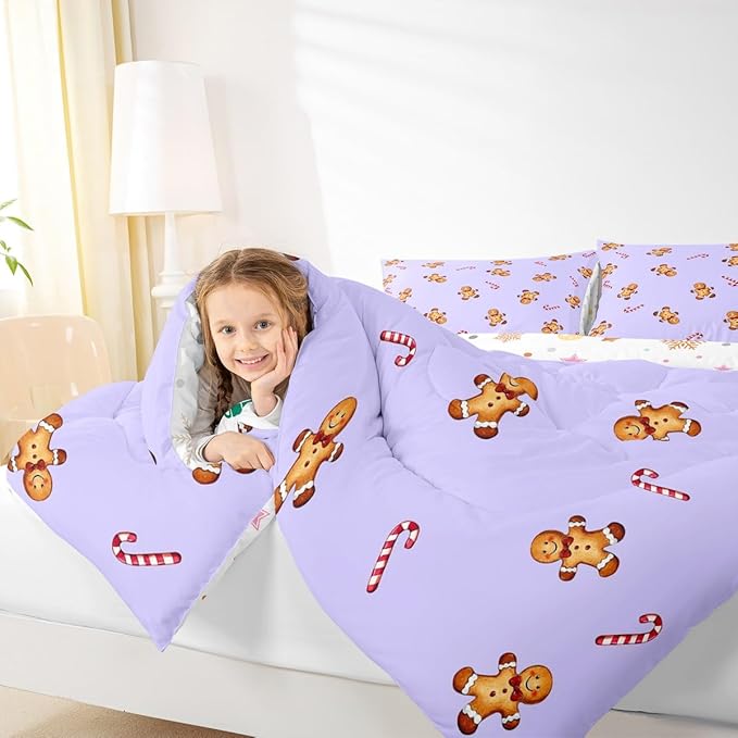jejeloiu Kids Cute Gingerbread Man Comforter Set King Size Christmas Theme Bedding Set for Boys Girls Teens Xmas Candy Cane Happy New Year Purple Duvet Quilt Room Decor