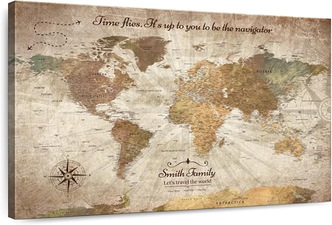 ElephantStock - Personalized Be The Navigator I Push Pin World Map Wall Art - Horizontal Canvas Wall Art - Living Room Wall Decor - Digital Art Map Canvas Art - Brown And Beige Decor - 39" x 26"