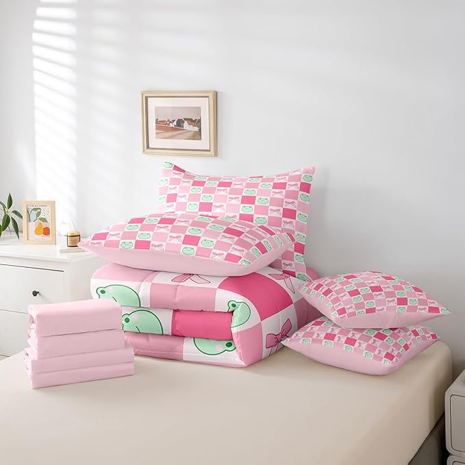 7 Pieces Cartoon Frog Kids Comforter Set Twin,Pink Bowknot Bow Tie Butterfly Knot Bedding Set,Geometric Plaid Grid Patchwork Cute（Comforter+Fitted+Flat Sheet+2 Pillowcases+2 Throw Pillow Covers）