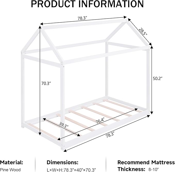 Merax Wood House Bed,Floor Bed with Wood Slats,No Box Spring Needed,Twin Size, White