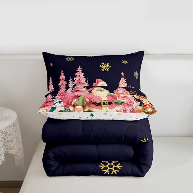 jejeloiu Merry Christmas Comforter Set Full Size Santa Claus Bedding Set for Kids Boys Girls Cute Deer Duvet Quilt Dark Blue Bedroom Decor