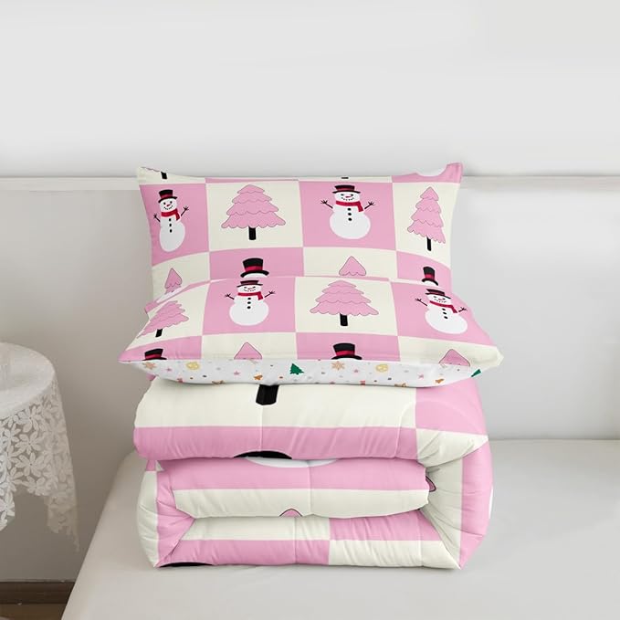 Feelyou Pink Christmas Kids Comforter Set Full Size Snowman Bedding Set Xmas Tree Duvet Quilt for Kids Boys Girls Bedroom Decor Microfiber Ultra Soft Breathable