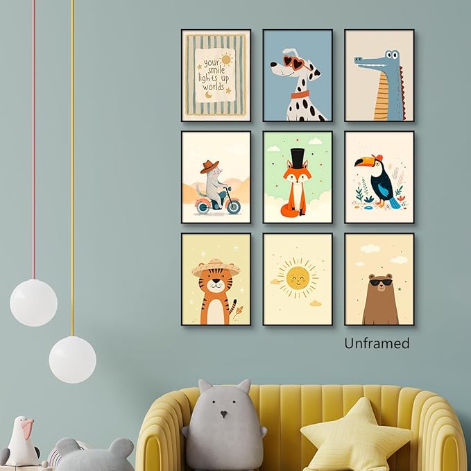 9 Pieces Nursery Animals Canvas Wall Art, Kids Room Fashion Sunglasses Dog and Bear Poster, Cute Crocodile Fox Cat and Lion Picture, Warming Sunshine Print for Baby Bedroom Playroom 12x16in Unframed
