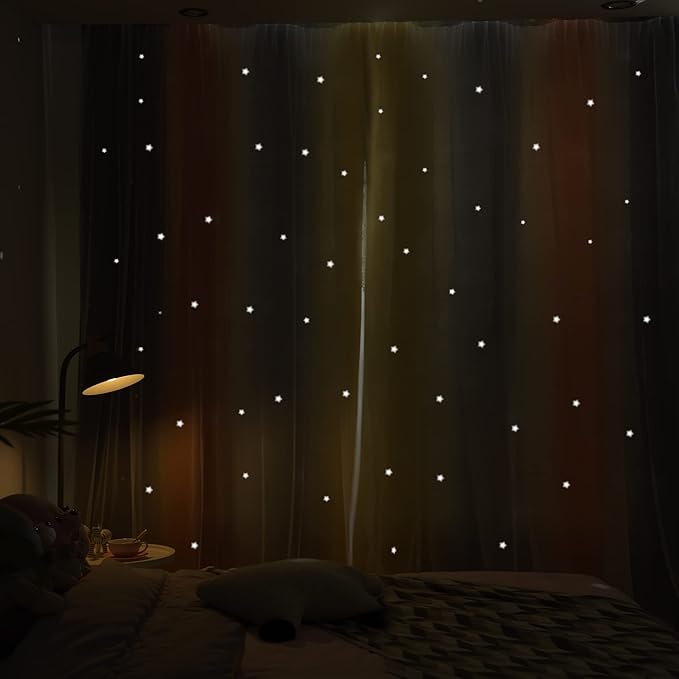 Kinryb Nursery/Kids/Girls Room Star Cut Out Blackout Rainbow Curtain with Sheer Overlay 2 Panels, Each 52 inch Wide,63 inch Length with White Gauze,Ombre Stripe Rainbow Curtains (2 Panels,52x63 Inch)