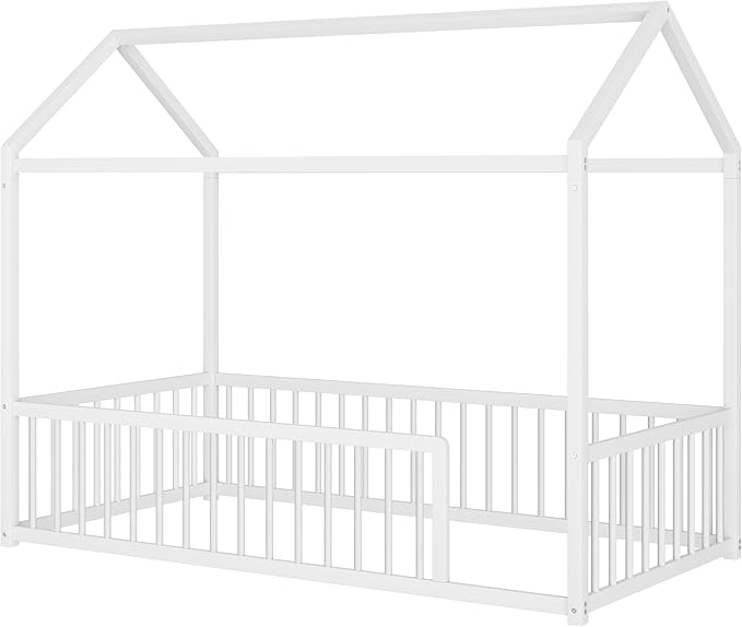 Twin Size Metal Floor Bed Frame,House Shaped Bed with Fence for Kids and Toddlers,Easy Assemble, No Slats,White
