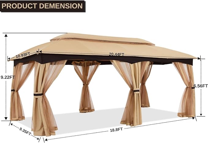ABCCANOPY Outdoor Patio Gazebo 10x20 - Double Roof Canopy with Mosquito Netting for Backyard, Deck, Garden, Lawn, Beige