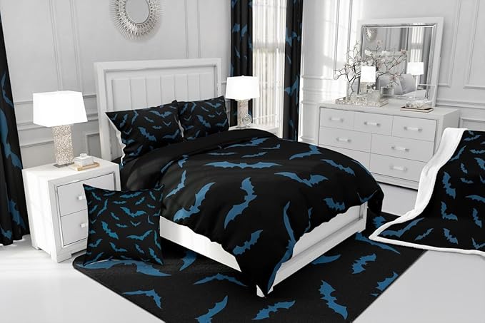 Erosebridal Halloween Decor Bedding Set for Kids Boys Youth Turquoise Bats Comforter Set King Size Gothic Spooky Quilt Happy Holiday Style Duvet Insert with 2 Pillow Cases,Black