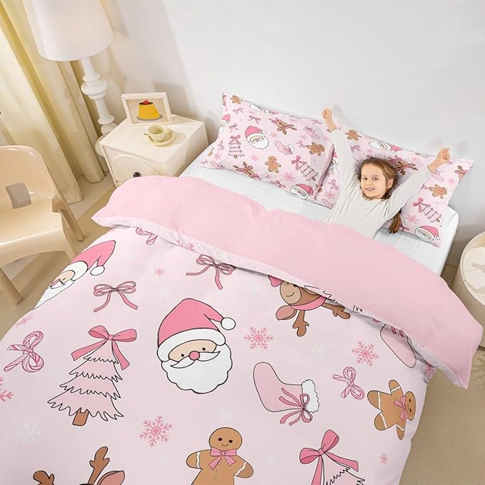 Kids Pink Christmas Bedding Set Toddler Size Merry Christmas Snowman Duvet Cover for Boys Girls Teens Bedroom Decor Santa Claus Comforter Cover Soft Microfiber Xmas Tree Deer With 1 Pillow Case