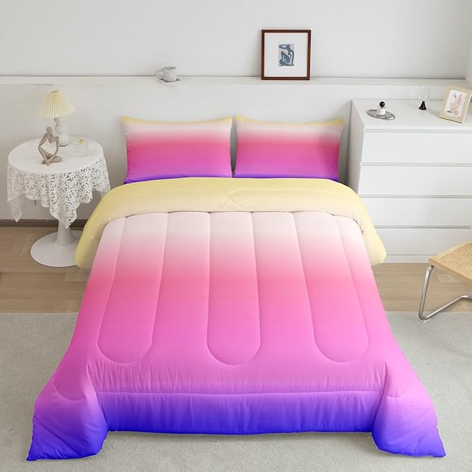 Ombre Comforter Set Full - Pink Purple Rainbow Bedding for Boys Girls, Colorful Gradient Duvet Set, Decorative 3Pcs