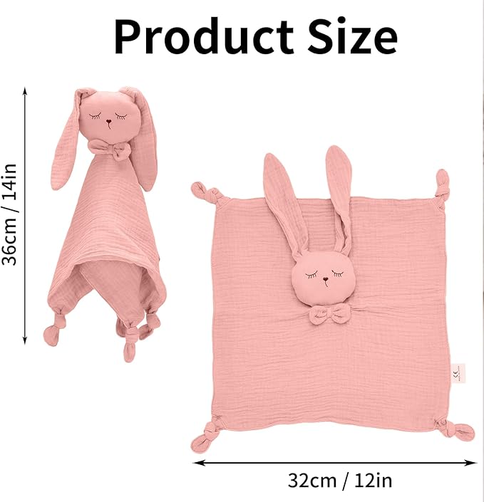 Little Rawr Organic Cotton Muslin Bunny Loveys for Babies Baby Security Blanket Baby Snuggle Toy Newborn Essentials Must Haves(Rabbit-Pink)