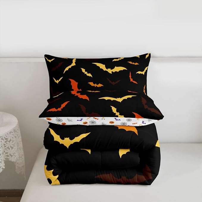 Erosebridal Bat Comforter Set for Kids Halloween Quilt Bats Animal Silhouette Bedding Set Toddler Size Happy Holiday Gothic Style Bedding Comforter Sets with 1 Pillow Case,Yellow and Orange